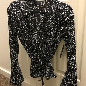 Black & white polka dot wrap blouse w bell sleeves